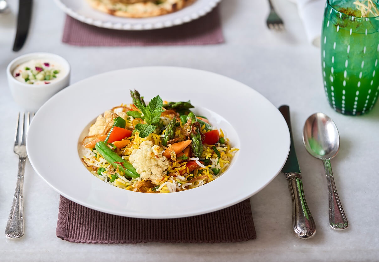 Plated Vegetable Biryani in the Pukka Bar 